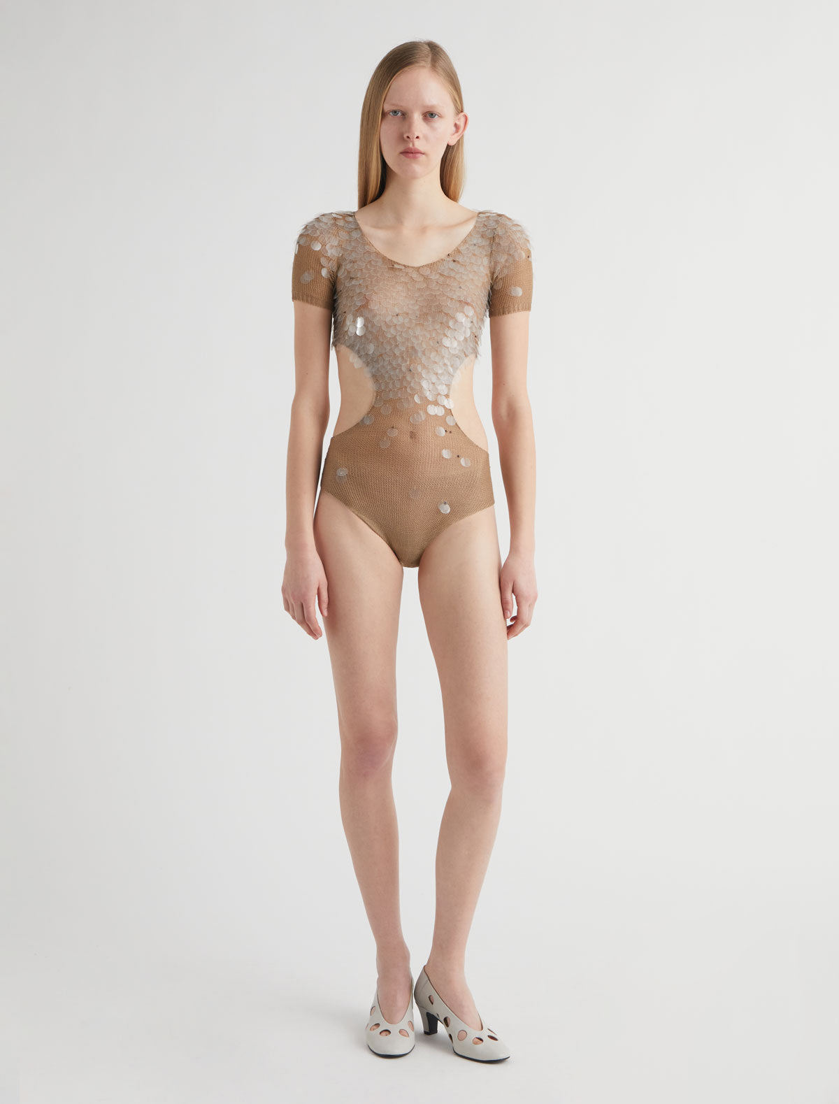 Aliere short sleeve triquini style bodysuit cut outs sequin