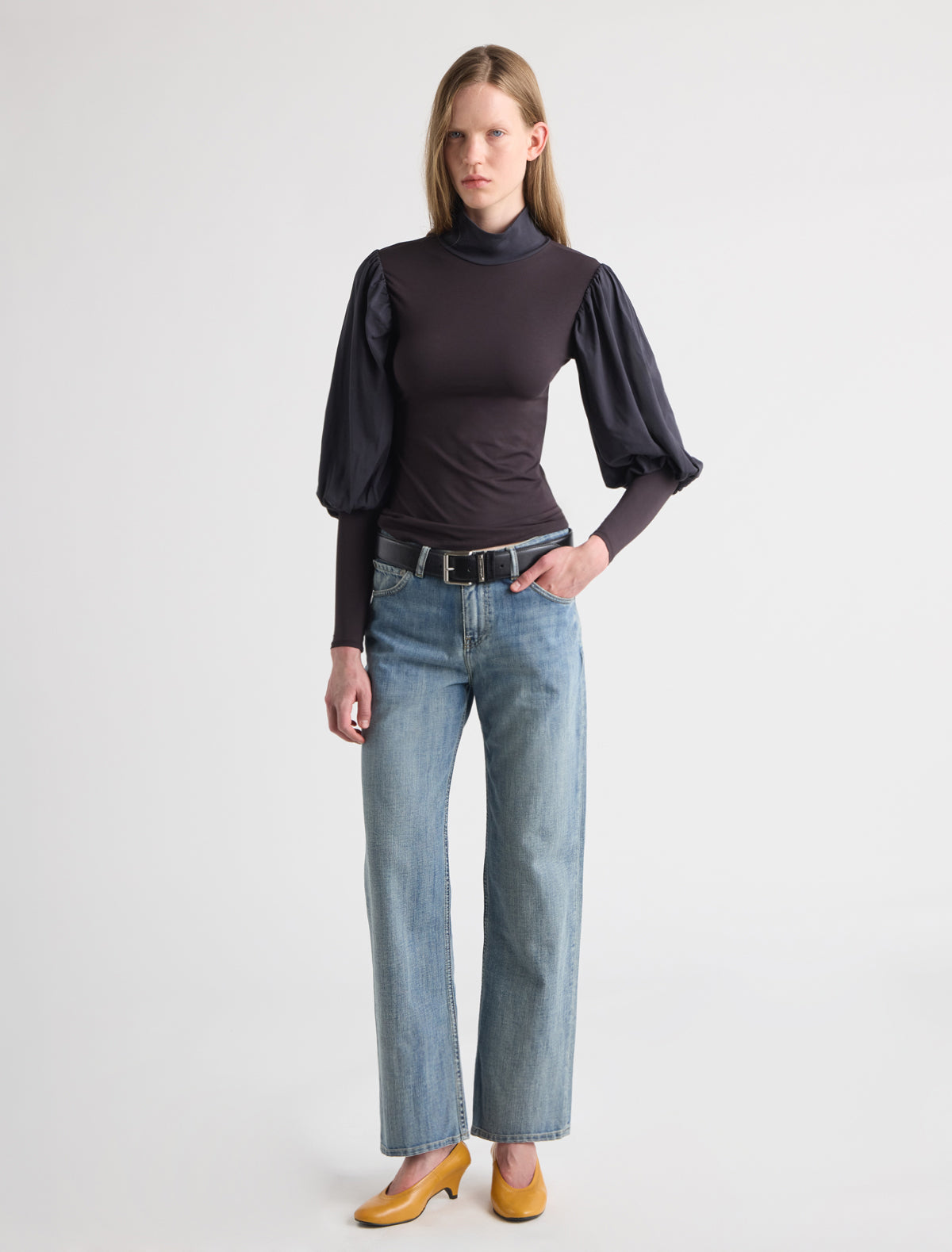 Bosk high neck long sleeve top puff sleeves small pleats shoulders