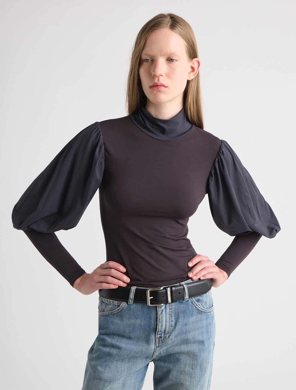 Bosk high neck long sleeve top puff sleeves small pleats shoulders