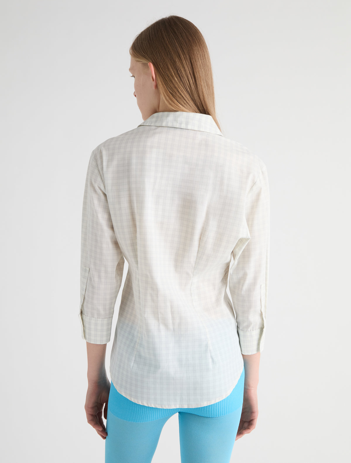 Bruna elbow length sleeve checked cotton shirt fitted body grey