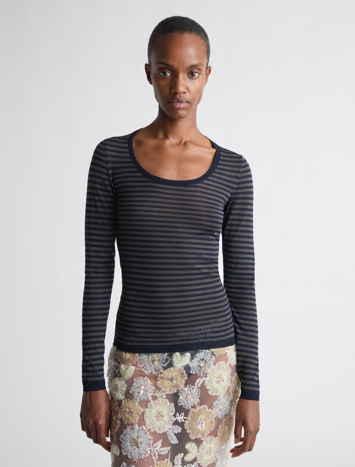 Garul fitted striped knitted top wide round neckline
