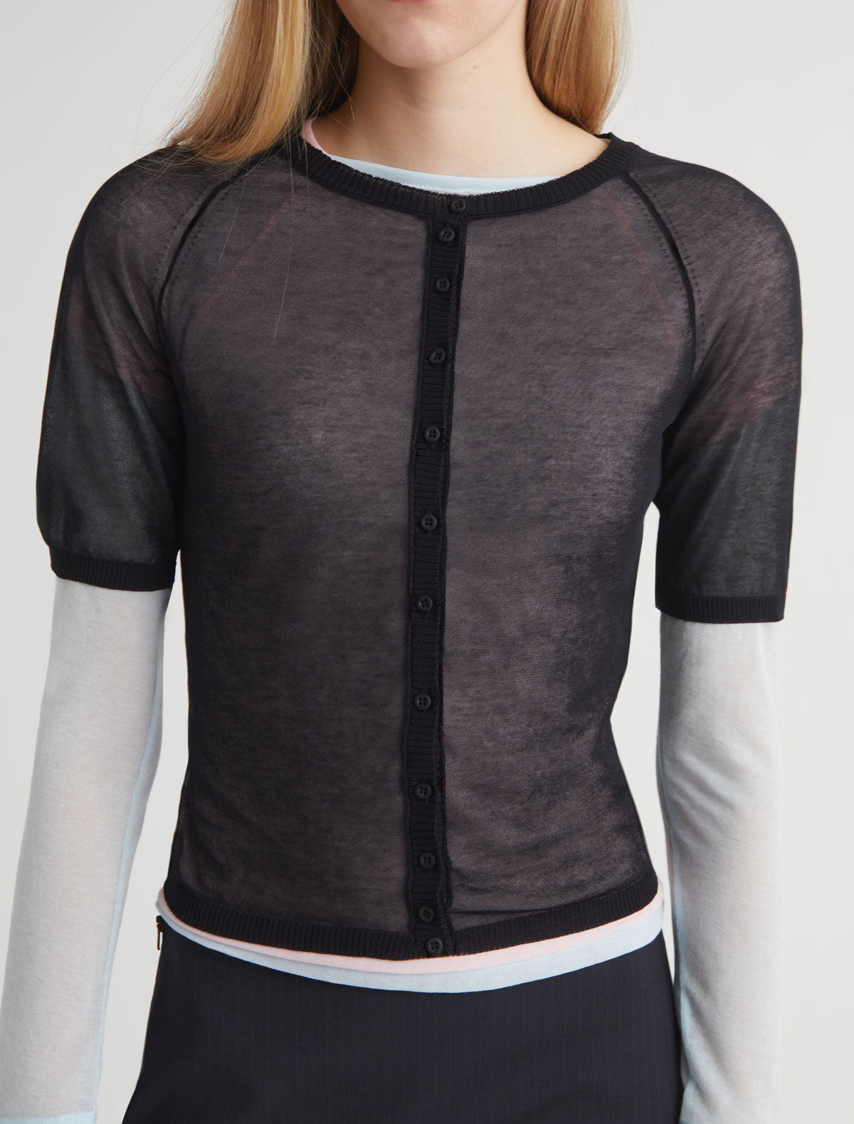 PATINELA-Black short-sleeve knit cardigan with front button