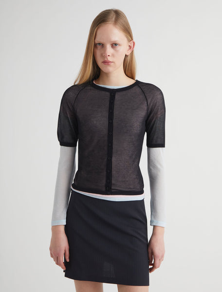 PATINELA-Black short-sleeve knit cardigan with front button