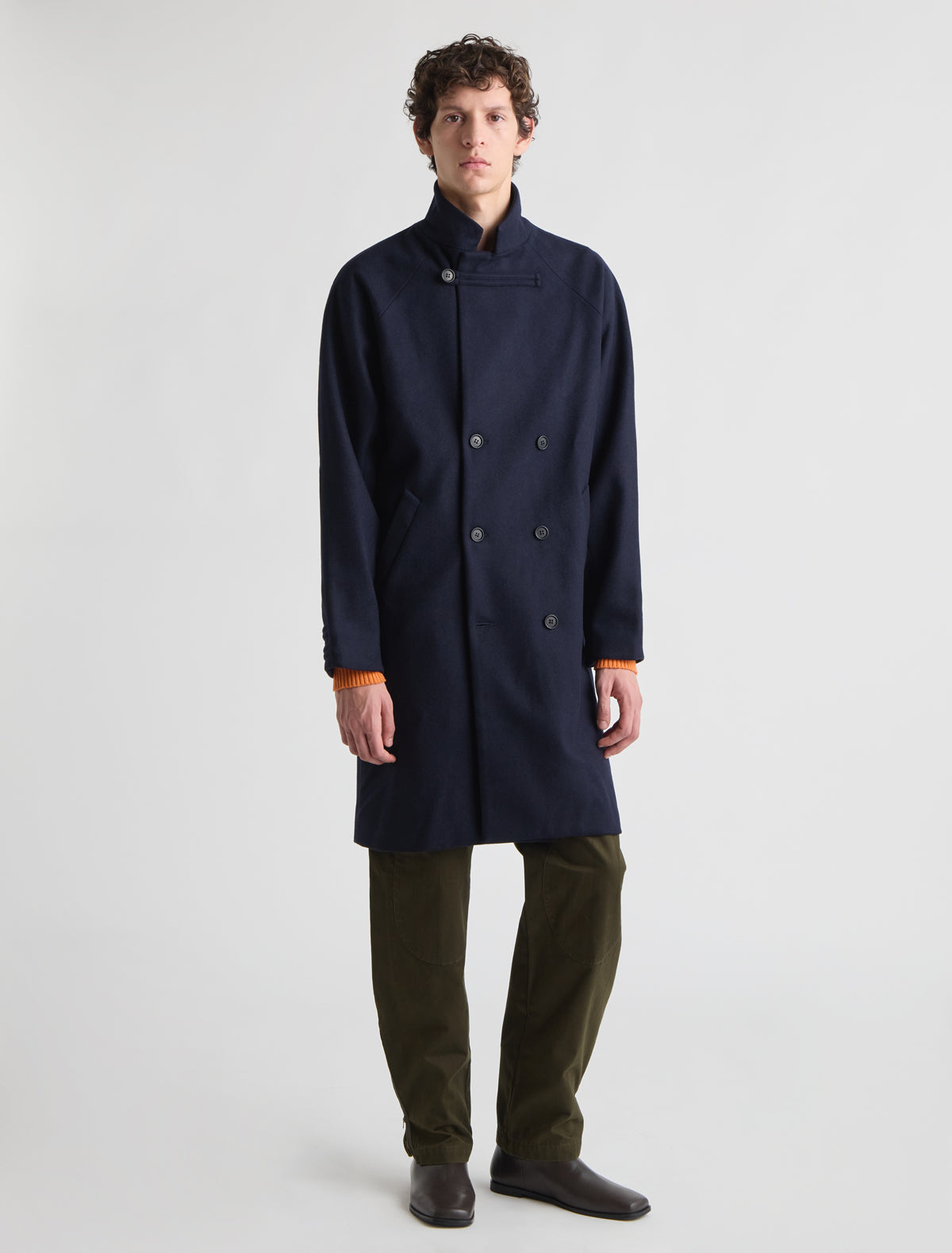 Volta oversized coat double breasted front buttoned tabs cuffs navy