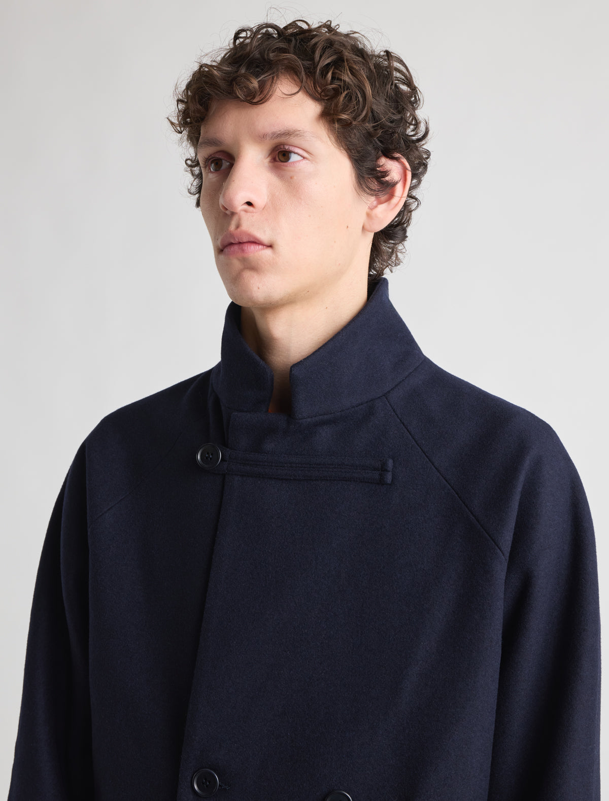 Volta oversized coat double breasted front buttoned tabs cuffs navy