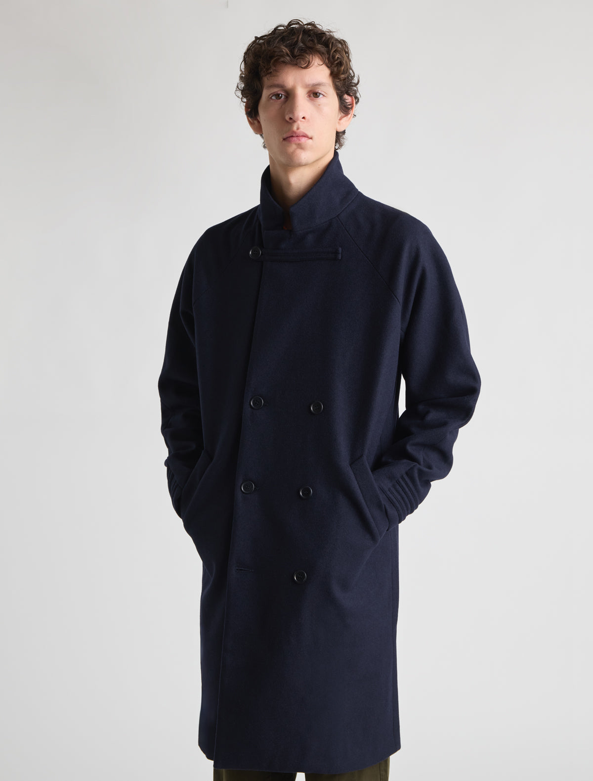 Volta oversized coat double breasted front buttoned tabs cuffs navy