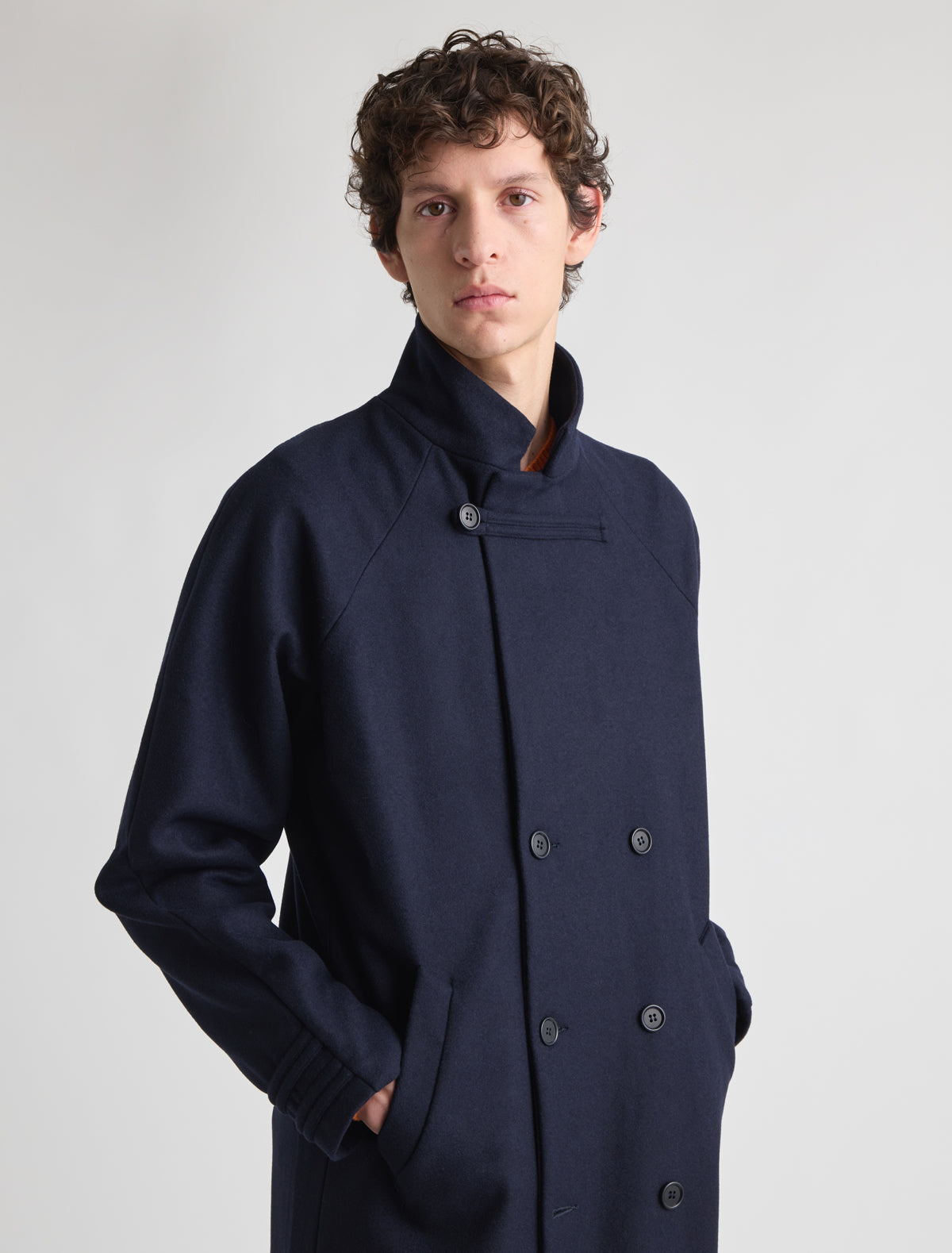 Volta oversized coat double breasted front buttoned tabs cuffs navy