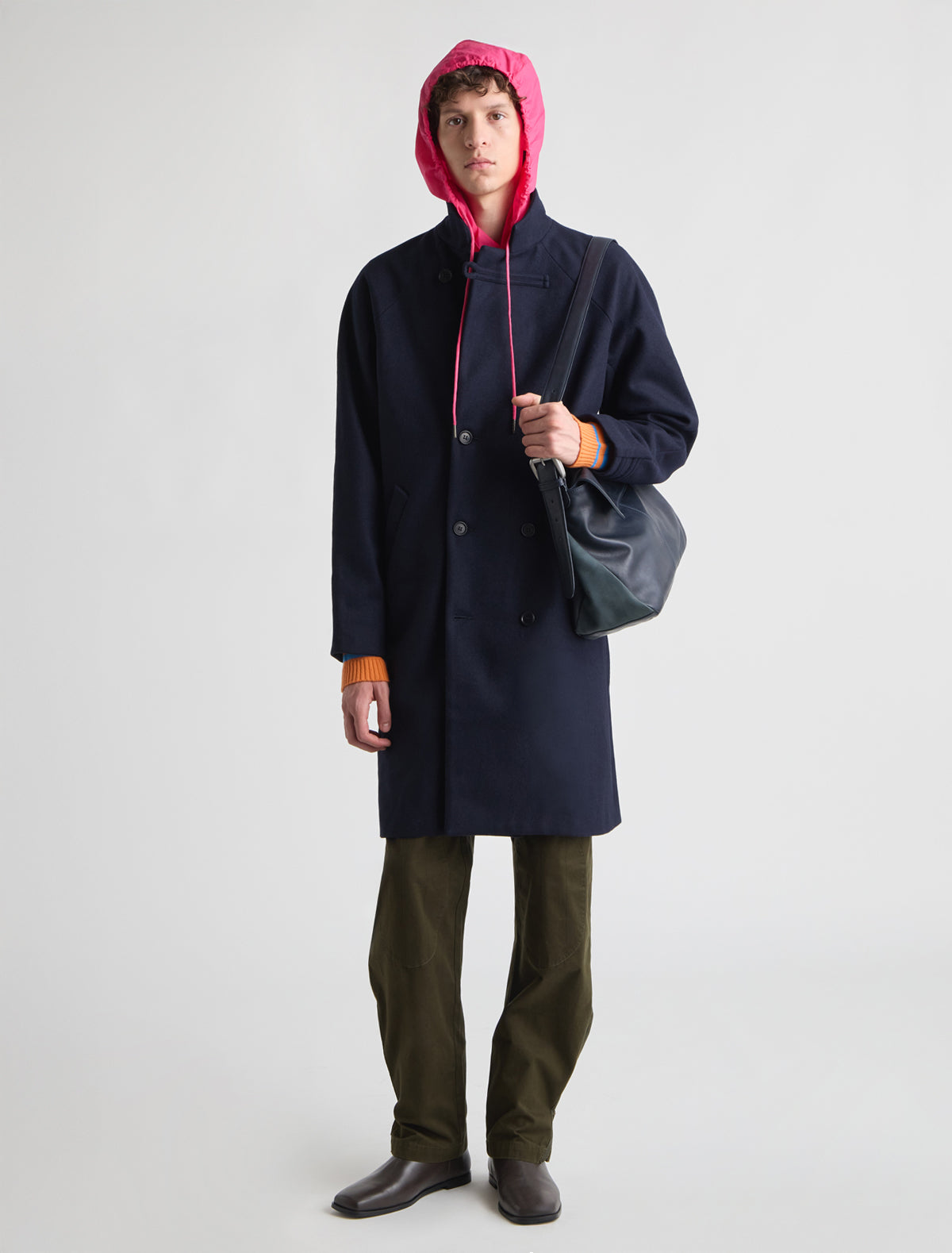 Volta oversized coat double breasted front buttoned tabs cuffs navy
