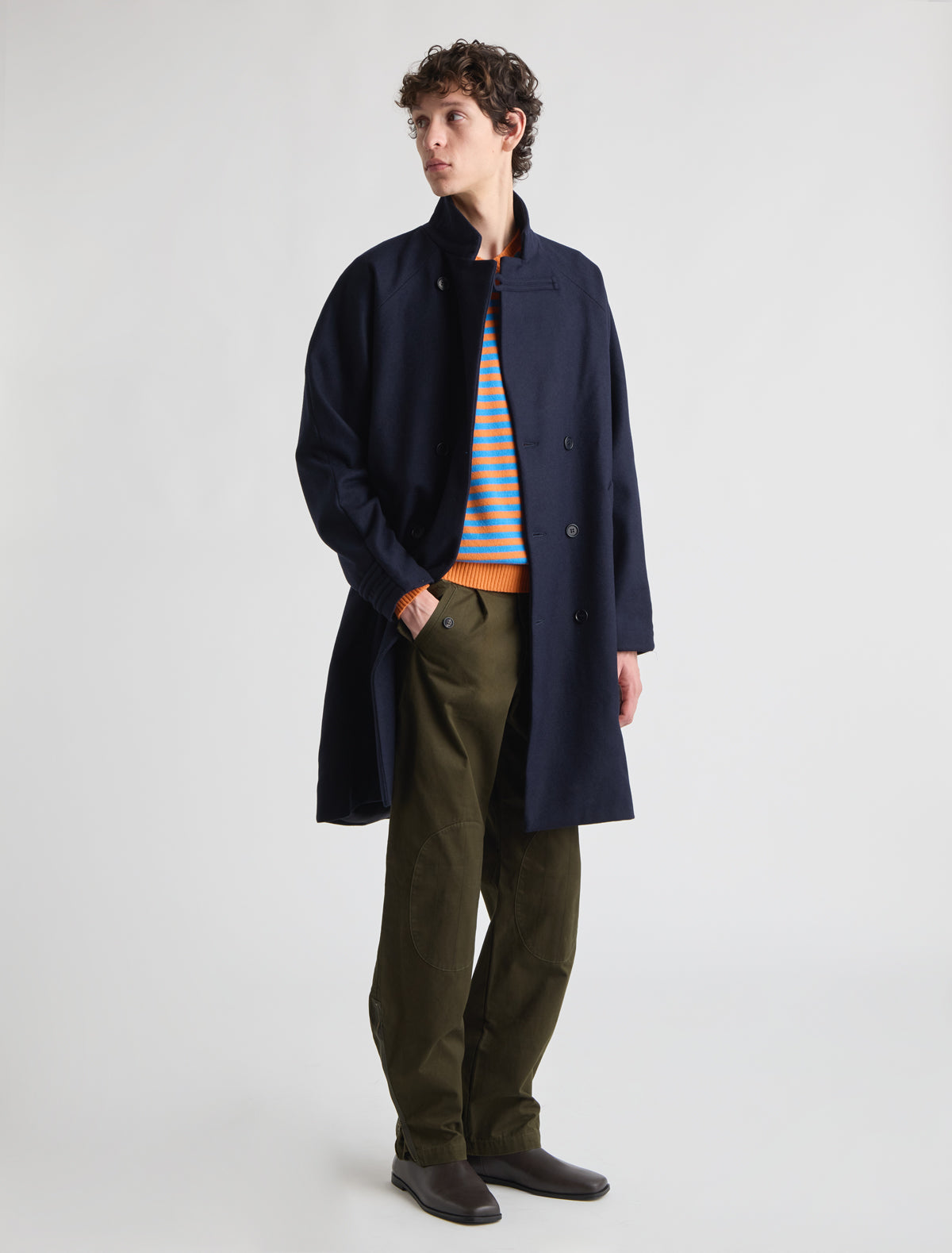 Volta oversized coat double breasted front buttoned tabs cuffs navy