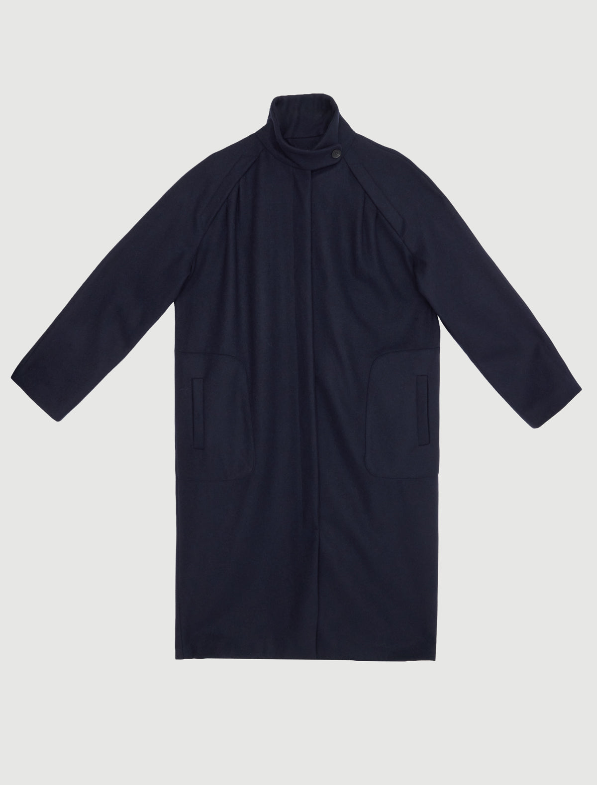 Vidale long wool coat raglan sleeves two front pleats added volume navy