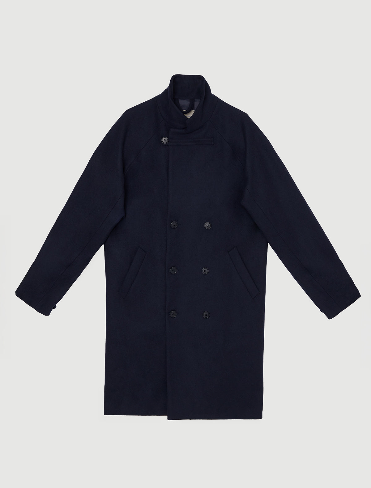 Volta oversized coat double breasted front buttoned tabs cuffs navy