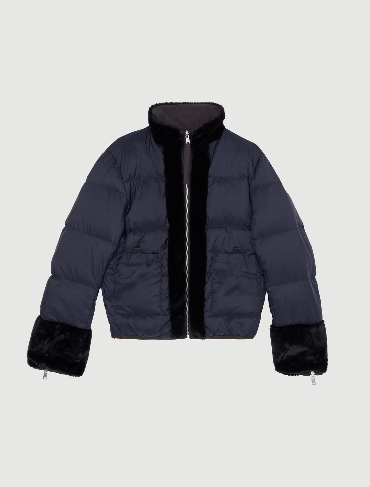 Wombat reversible nylon puffer jacket contrast furry collar inner cuffs brown
