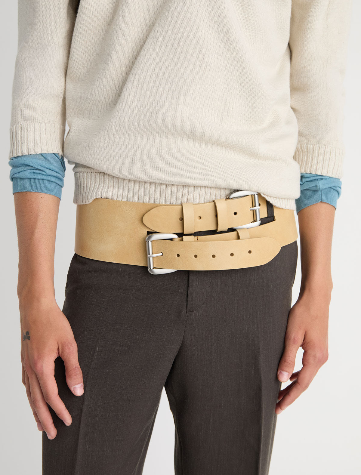 Penelope wide leather belt double buckle system yellow