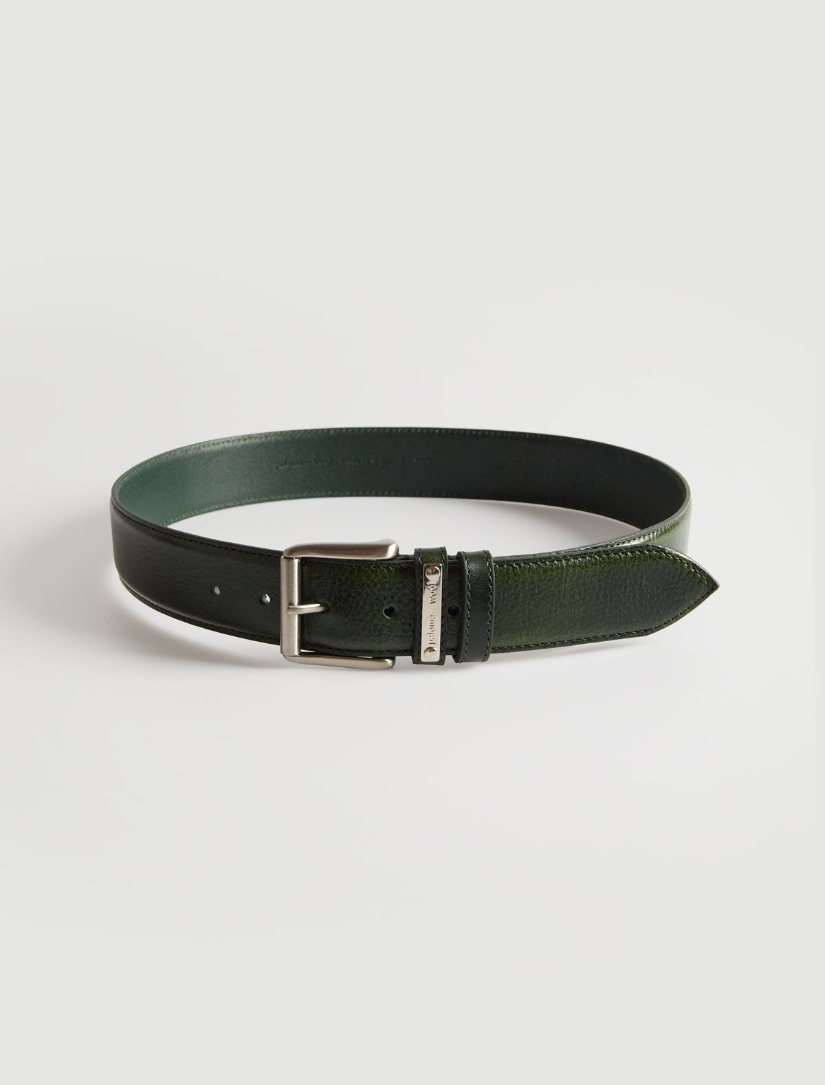Juana b leather belt custom metal plaque loop darkgreen