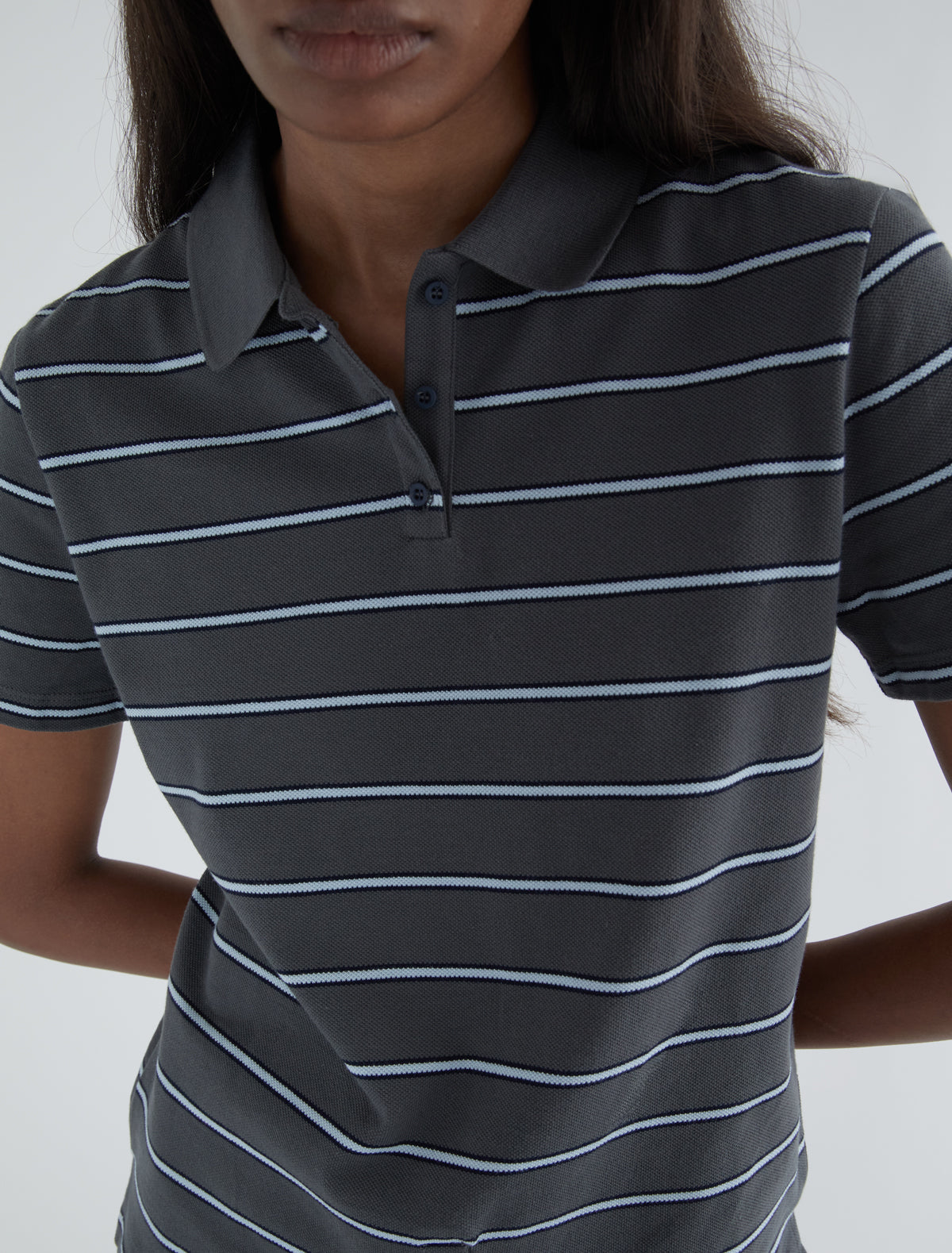 Julieta striped pique polo buttoned placket lower front grey