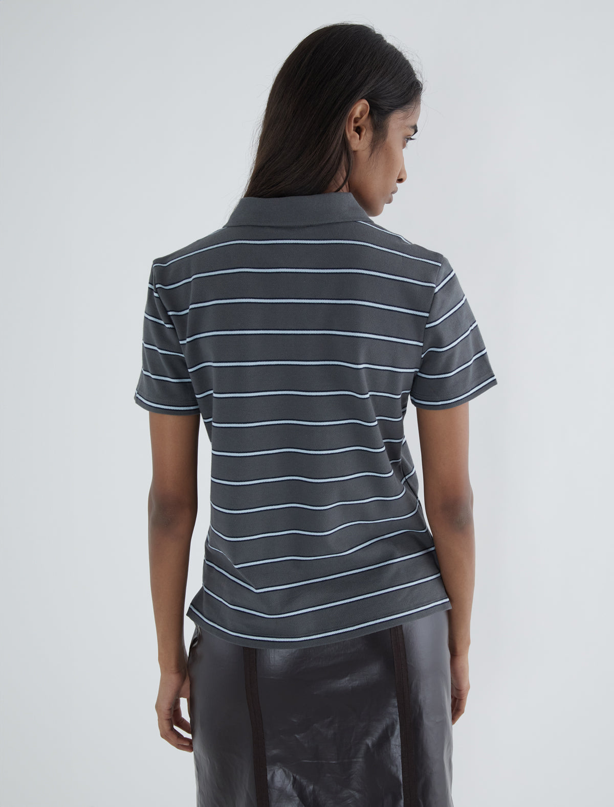Julieta striped pique polo buttoned placket lower front grey