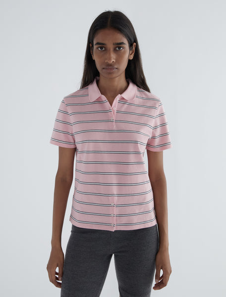 JULIETA-Pink striped piqué polo with a buttoned placket at