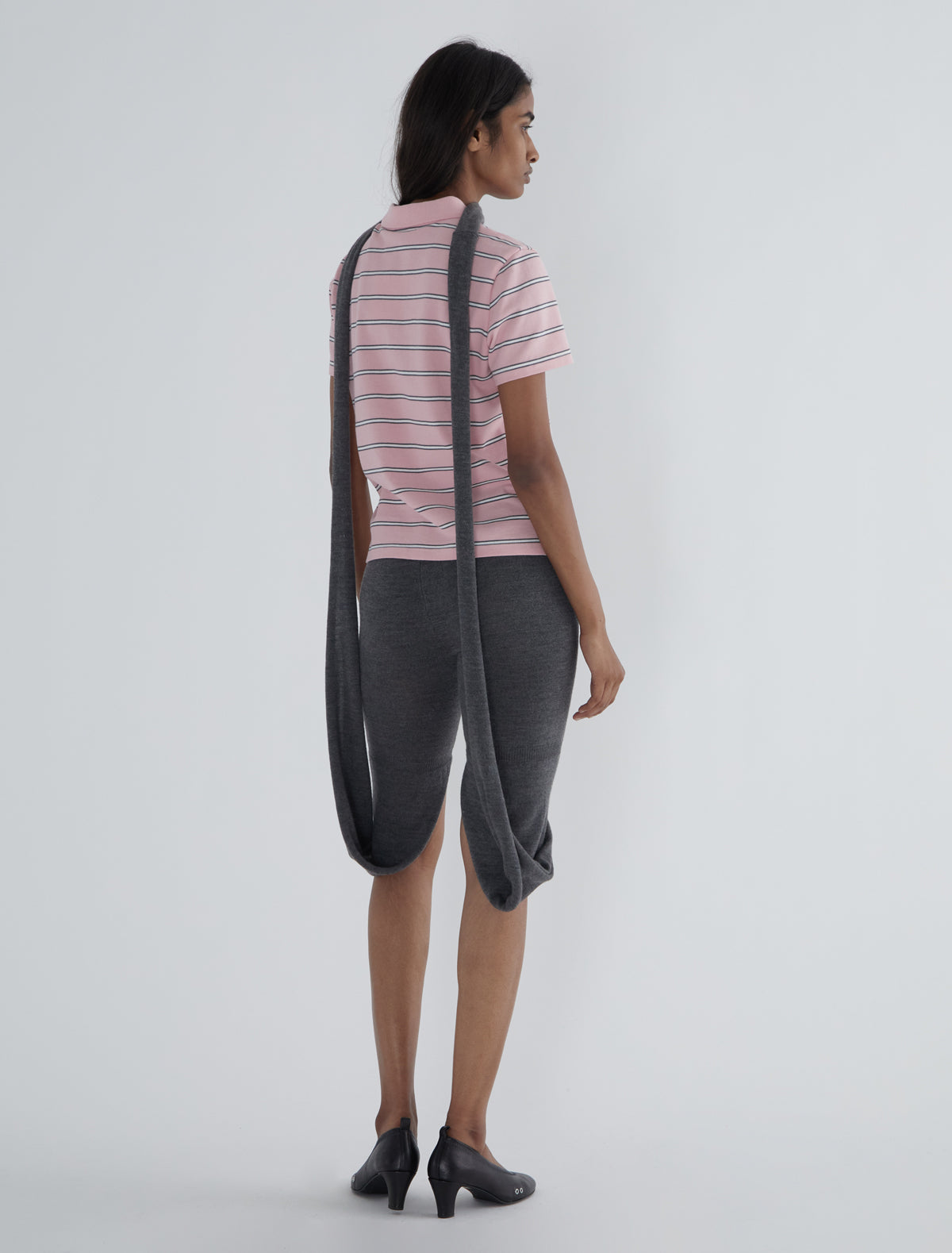 Julieta striped pique polo buttoned placket lower front pink