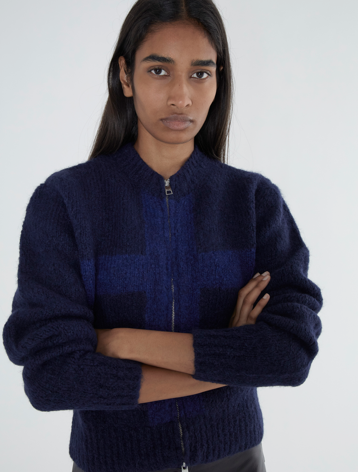 Cruz zip tricot cardigan cross shaped intarsia blue