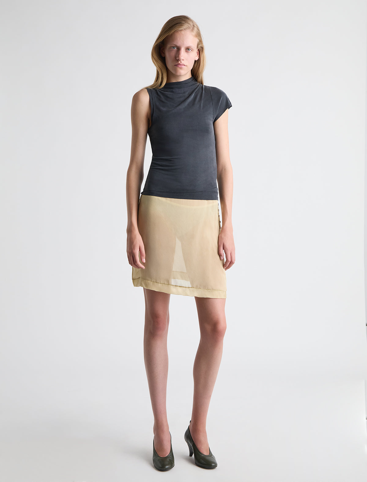 ELVIRA- Black asymmetric sleeve, soft-neck cupro top – paloma wool