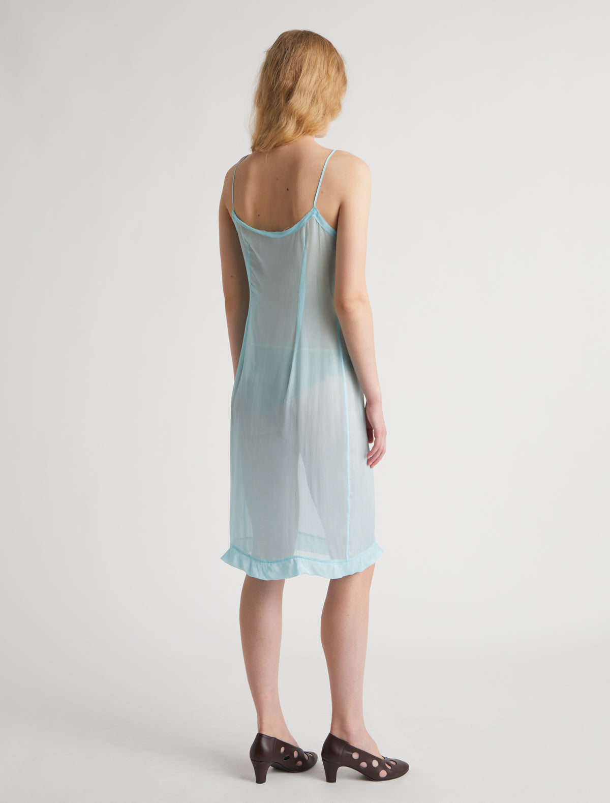 ENOS-Blue midi silk slip dress with thin straps and a ruffle