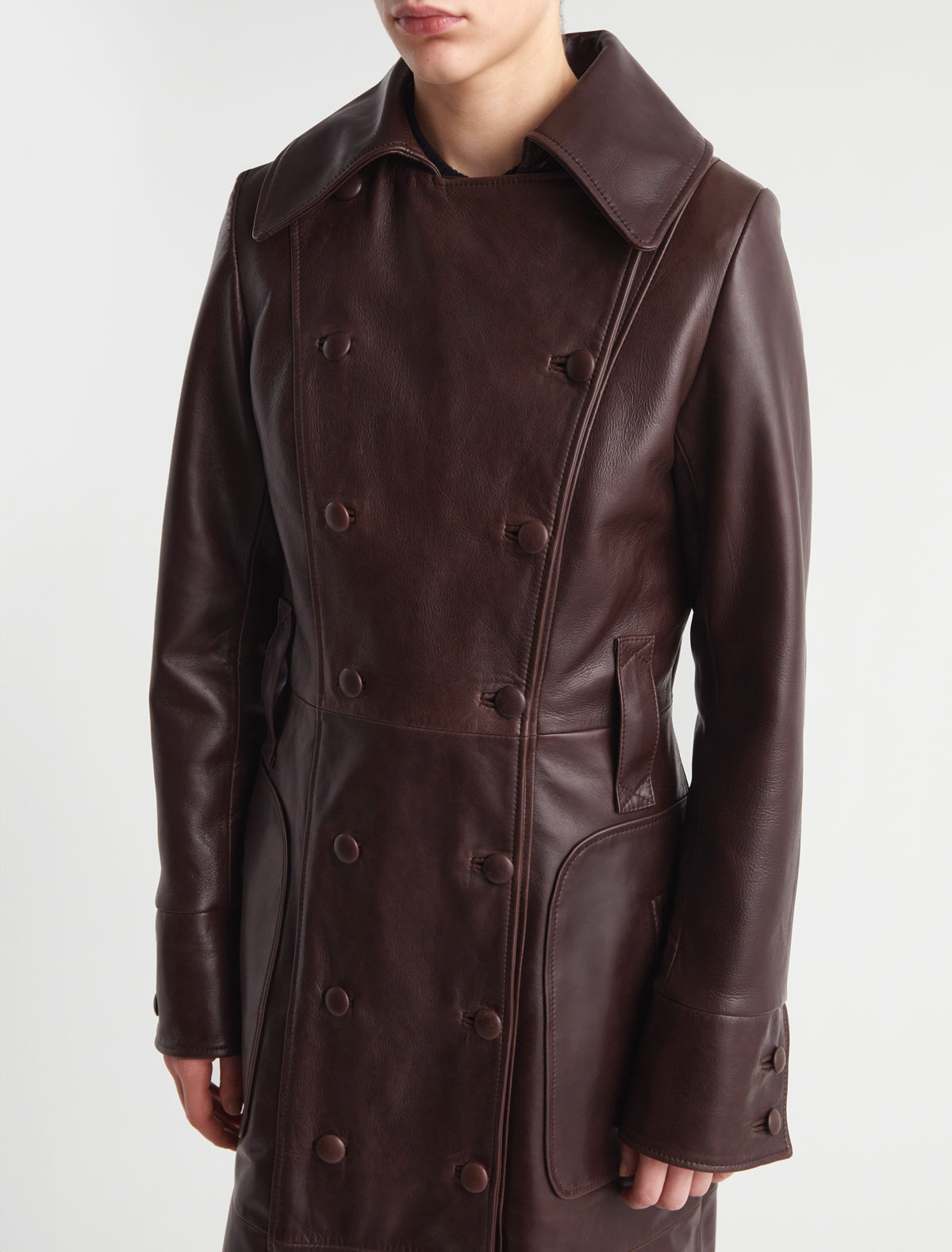 Estruck fitted long leather jacket double breasted closure wine