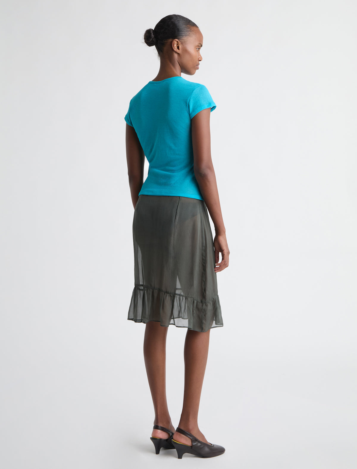 Bloo a line silk skirt ruffled hem darkgreen