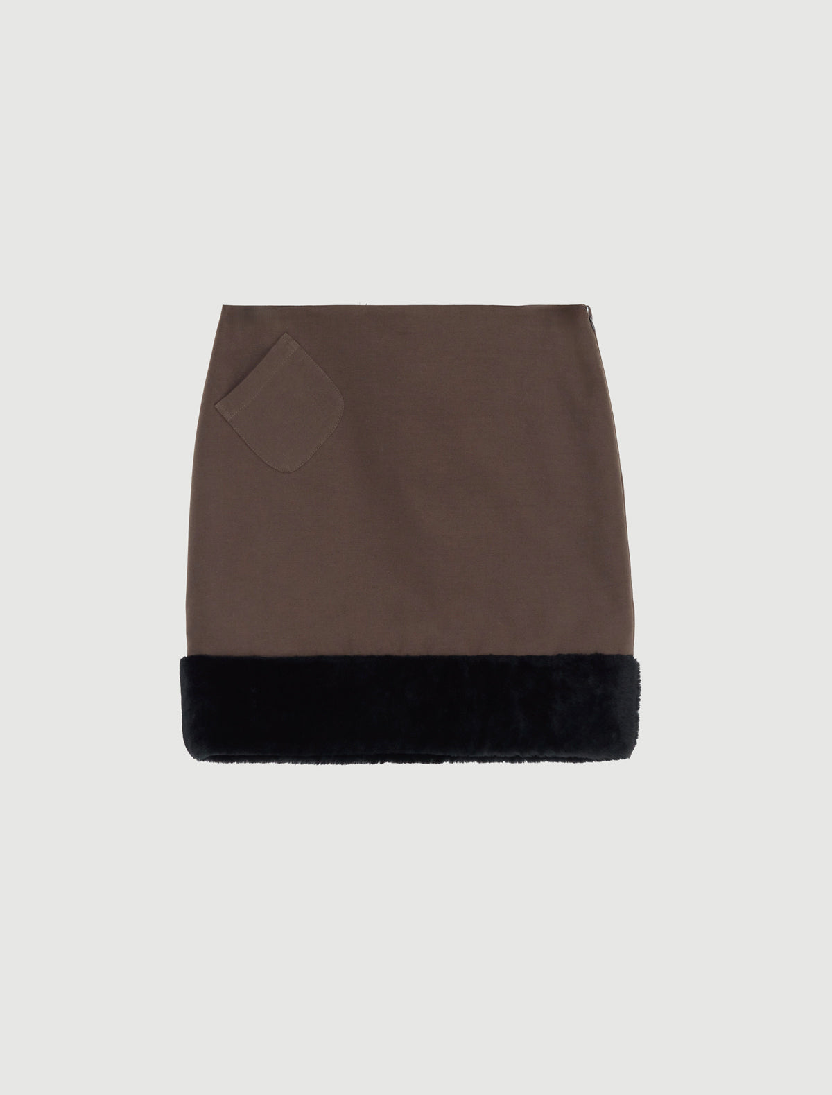 Gual straight canvas mini skirt non removable lamb fur trim hem brown
