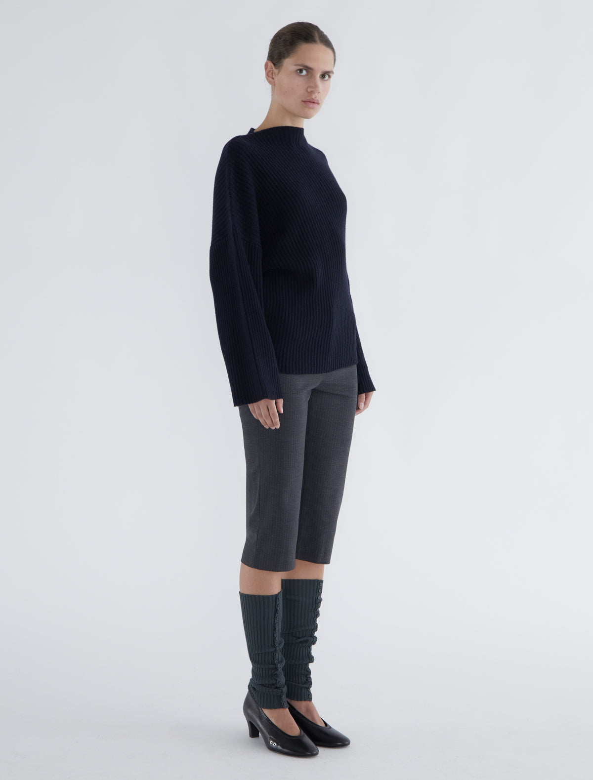 Fiona ribbed knit sweater asymmetric shoulders navy