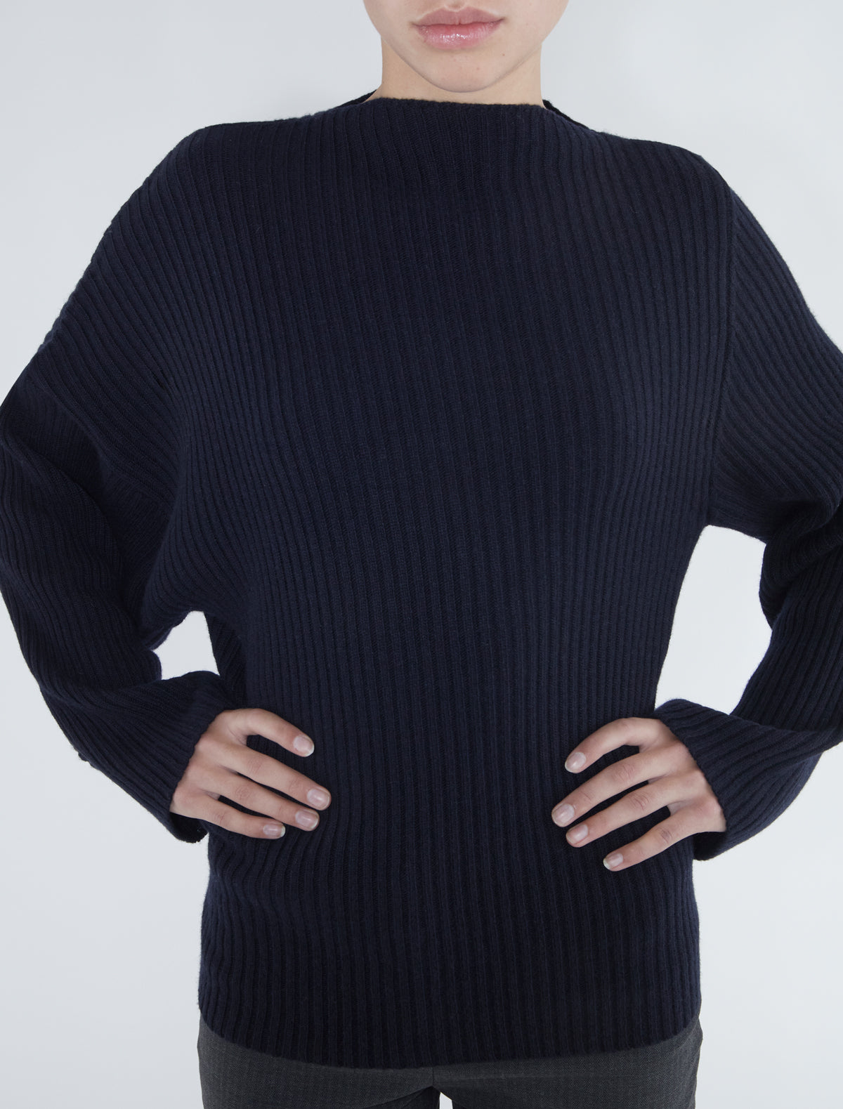 Fiona ribbed knit sweater asymmetric shoulders navy