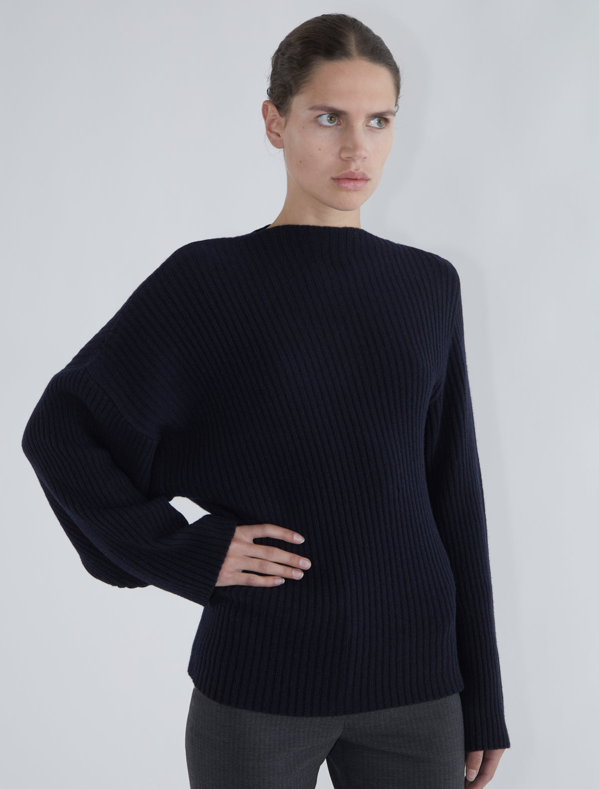 Fiona ribbed knit sweater asymmetric shoulders navy
