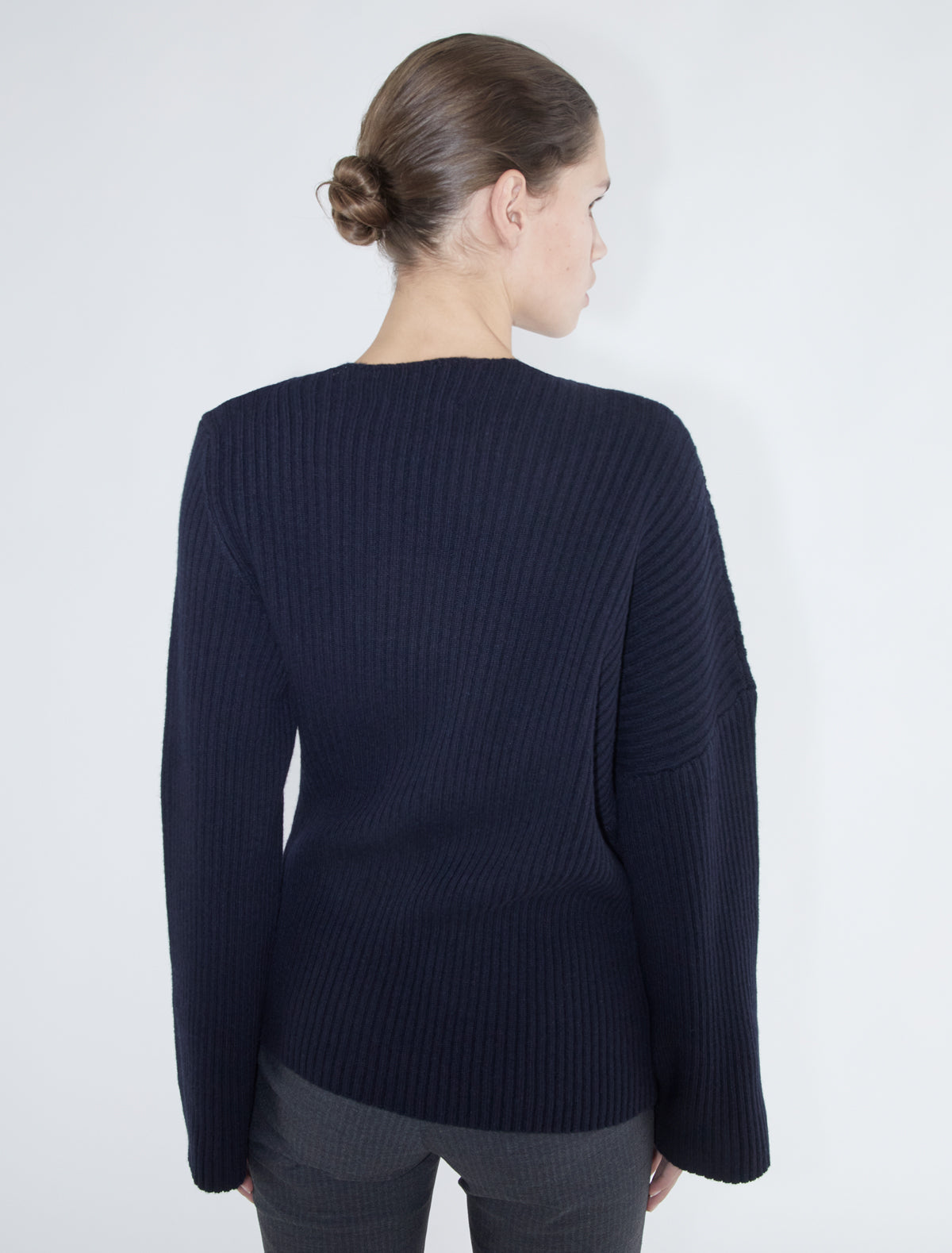 Fiona ribbed knit sweater asymmetric shoulders navy
