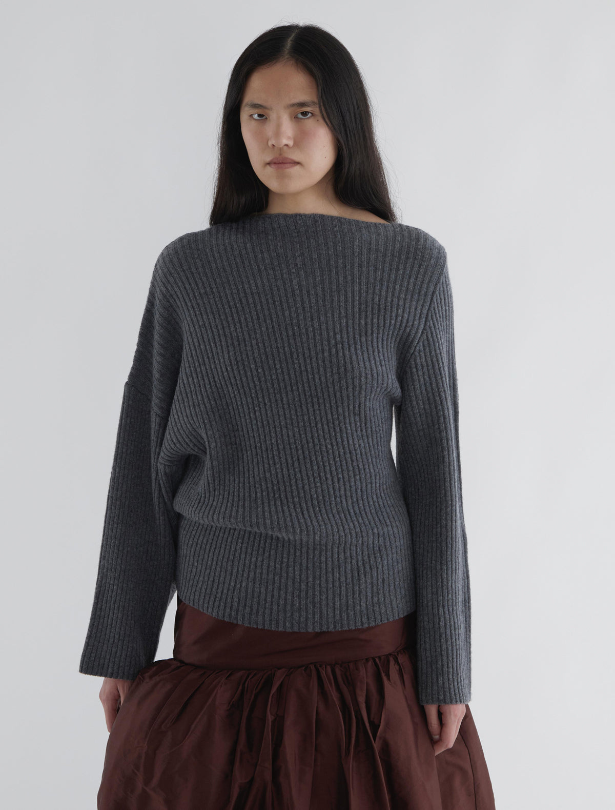 Fiona ribbed knit sweater asymmetric shoulders grey