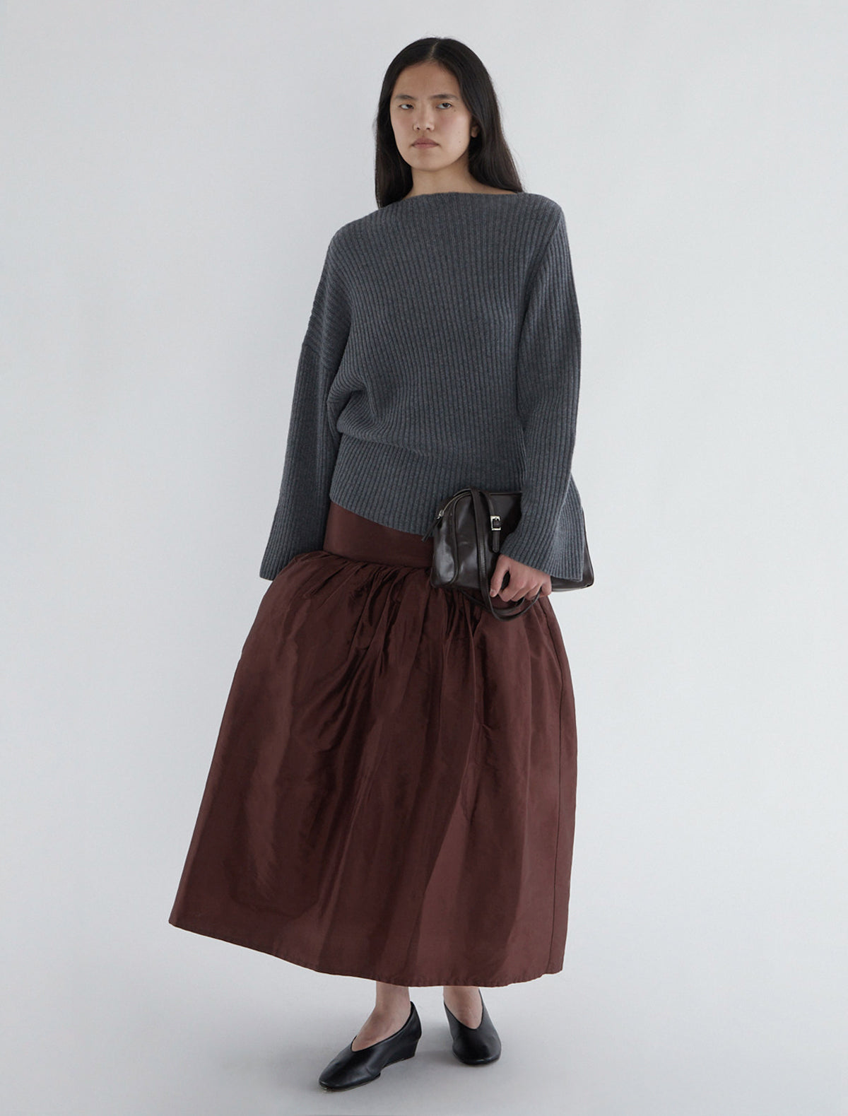 Fiona ribbed knit sweater asymmetric shoulders grey