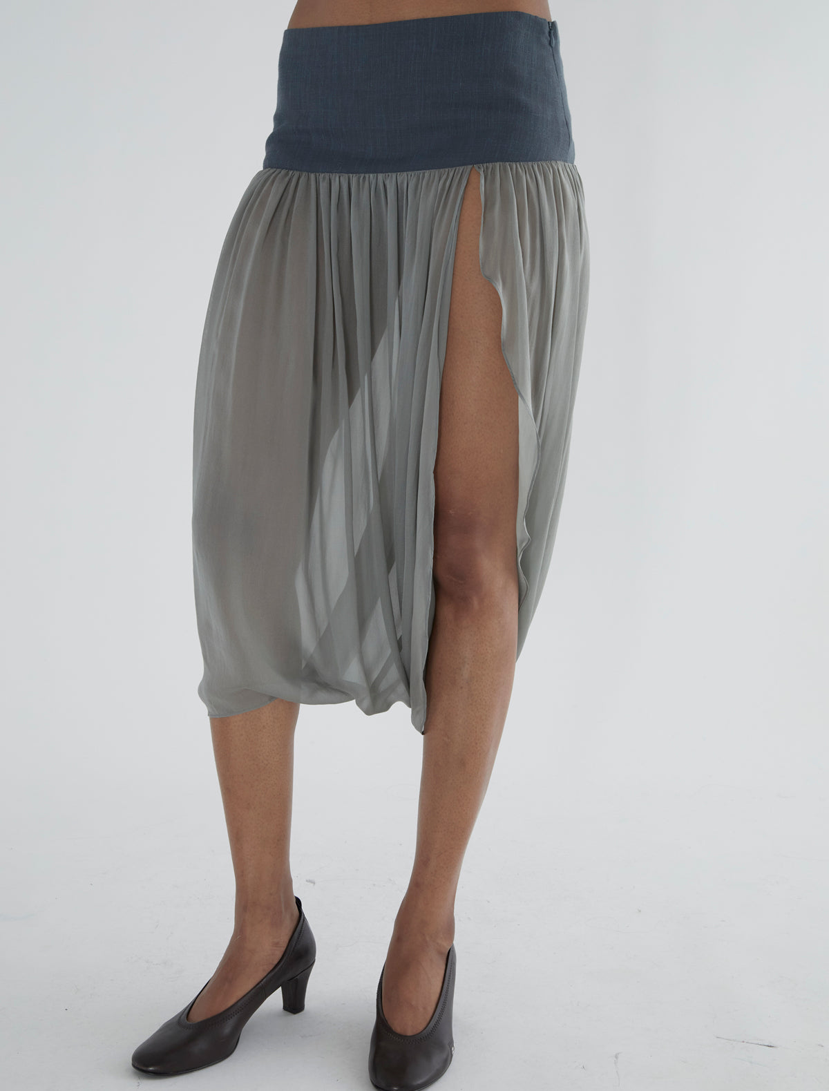 Mila skirt wide waistband suiting fabric combined silk aquamarine