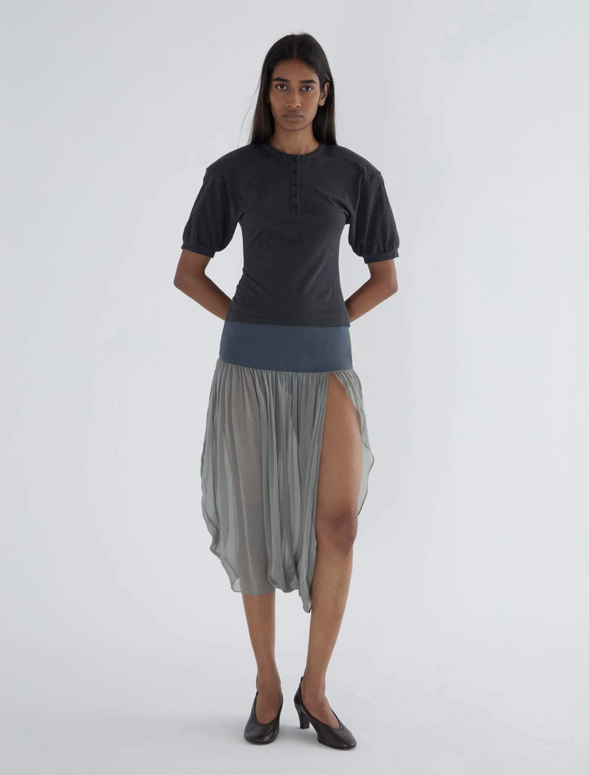 Mila skirt wide waistband suiting fabric combined silk aquamarine