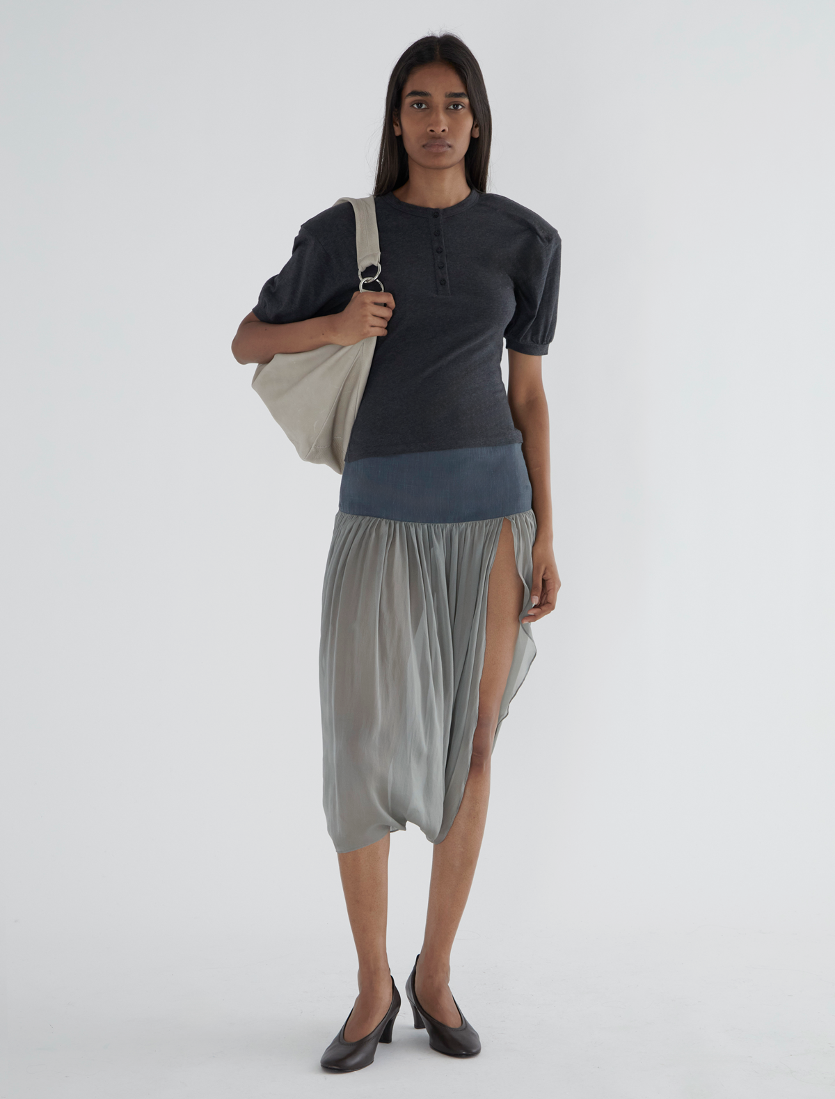 Mila skirt wide waistband suiting fabric combined silk aquamarine