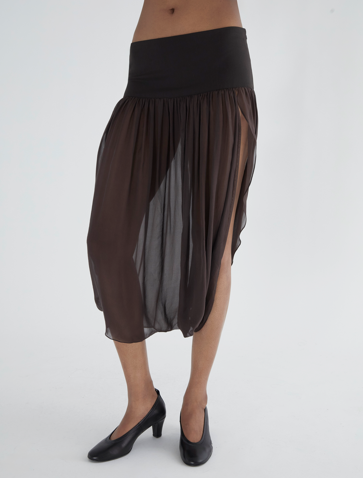 Mila skirt wide waistband suiting fabric combined silk brown