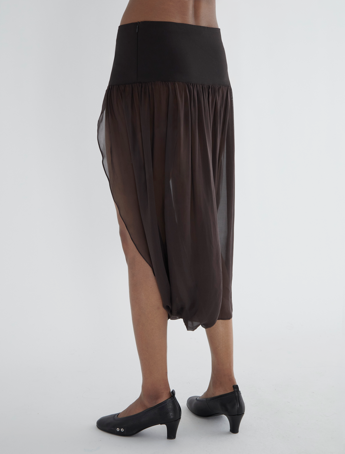 Mila skirt wide waistband suiting fabric combined silk brown