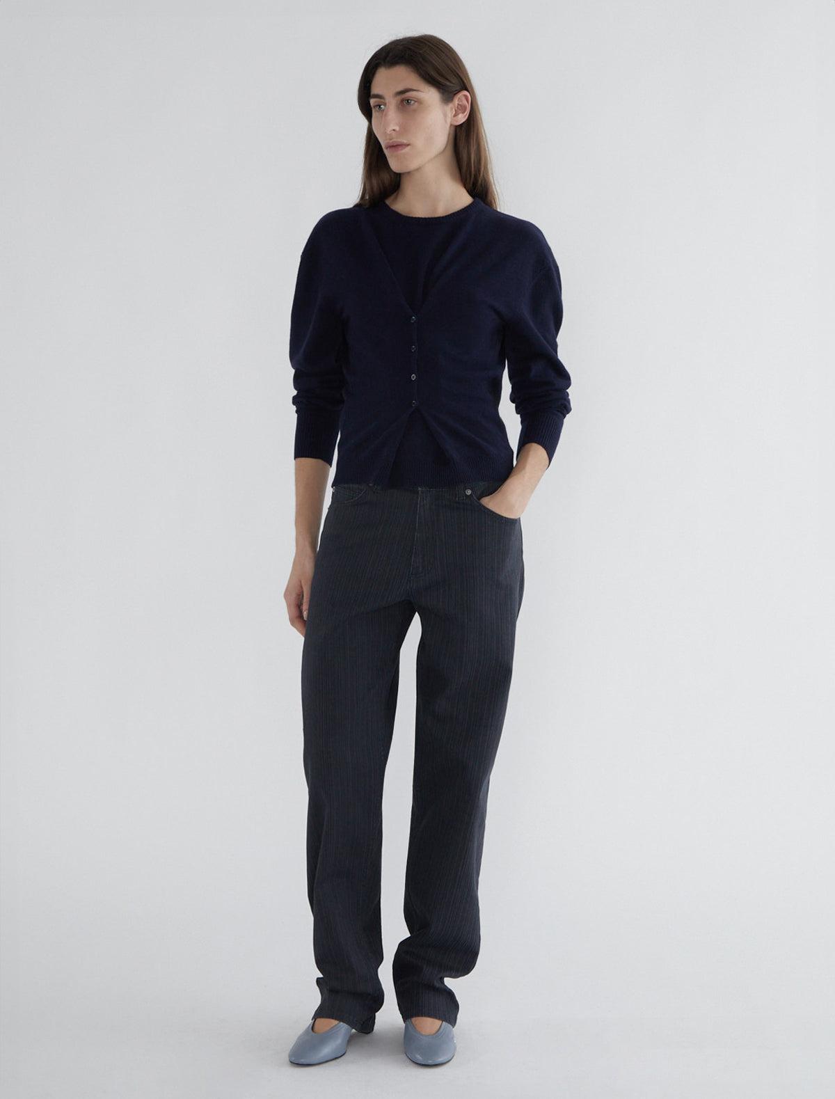 Clor long sleeved sweater buttons waist navy