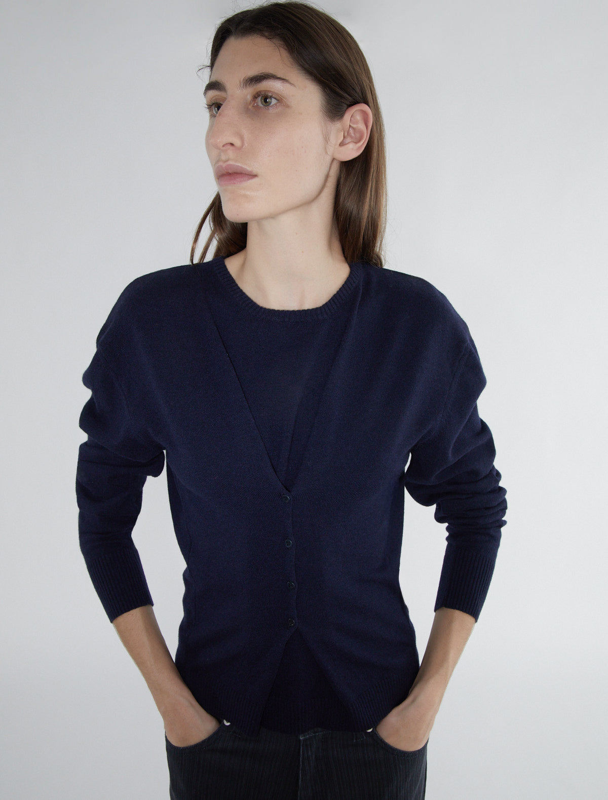 Clor long sleeved sweater buttons waist navy