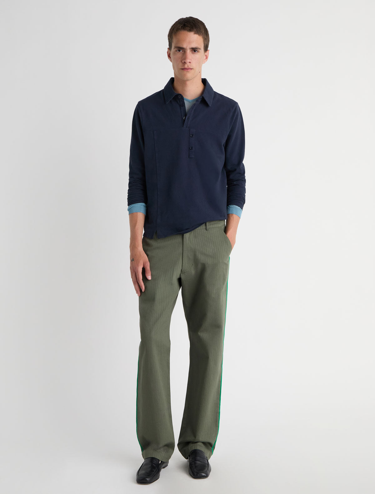 Gruar long sleeve pique polo mid chest seam shifted effect