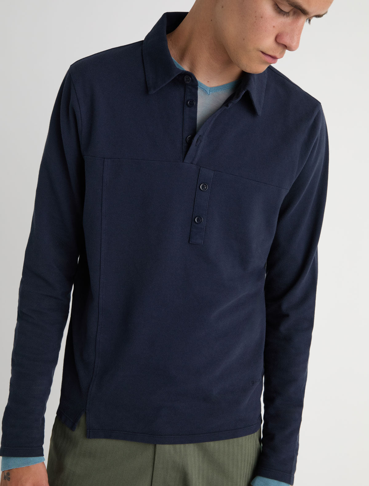 Gruar long sleeve pique polo mid chest seam shifted effect