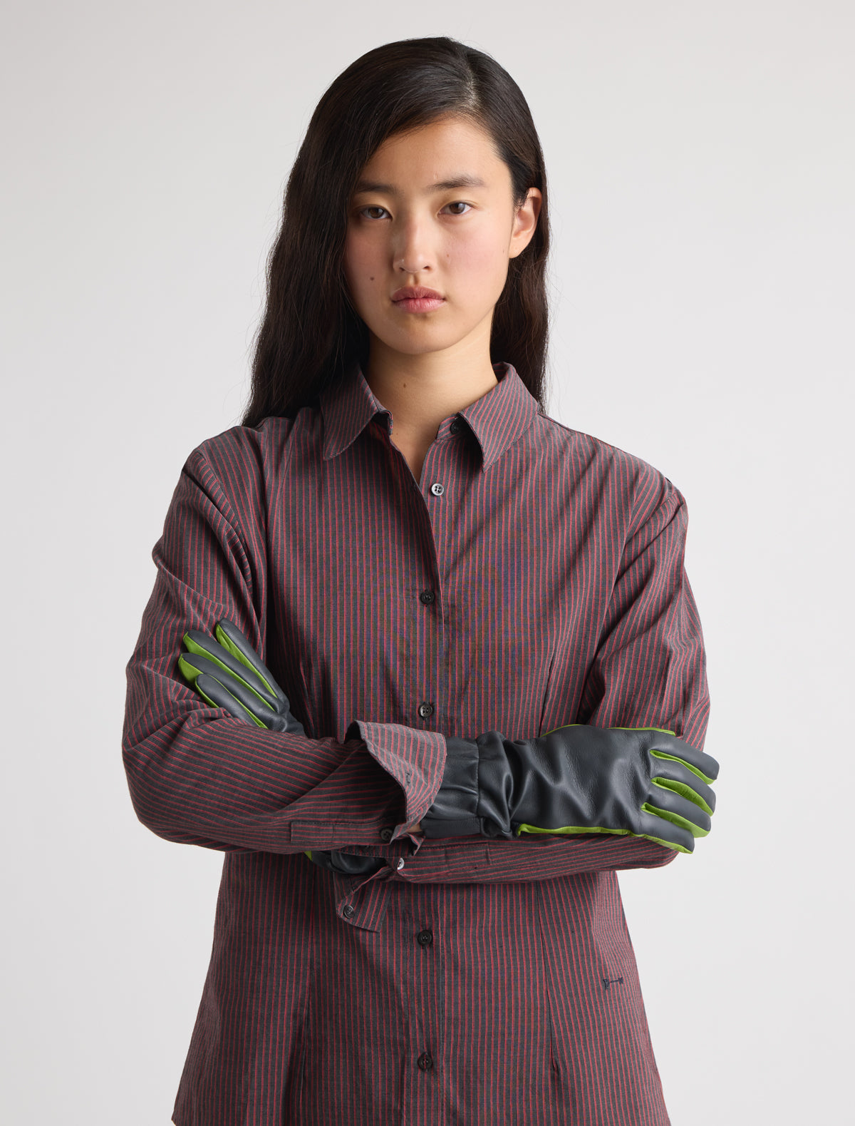 Maribel two tone leather gloves wide elasticated opening green