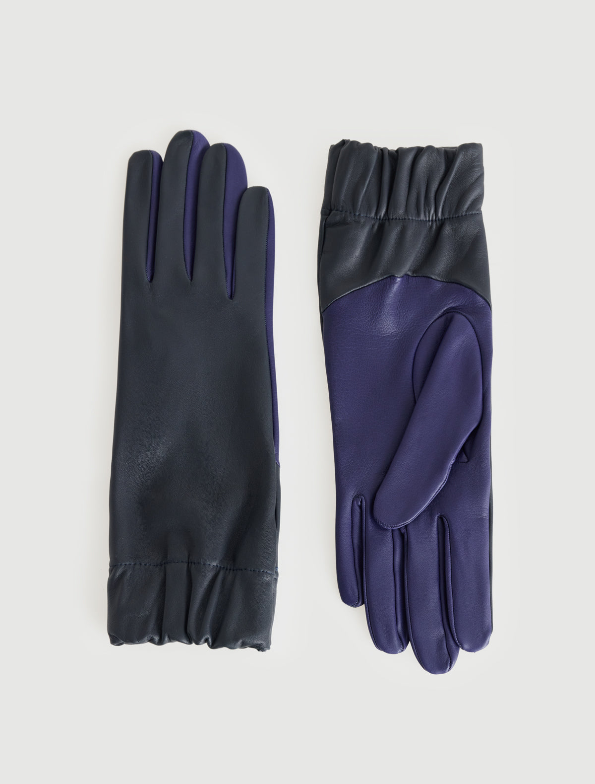 Maribel two tone leather gloves wide elasticated opening purple