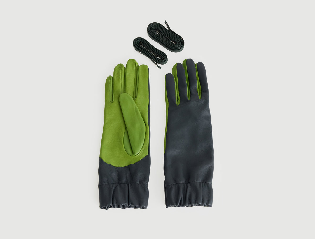 Maribel two tone leather gloves wide elasticated opening green 1