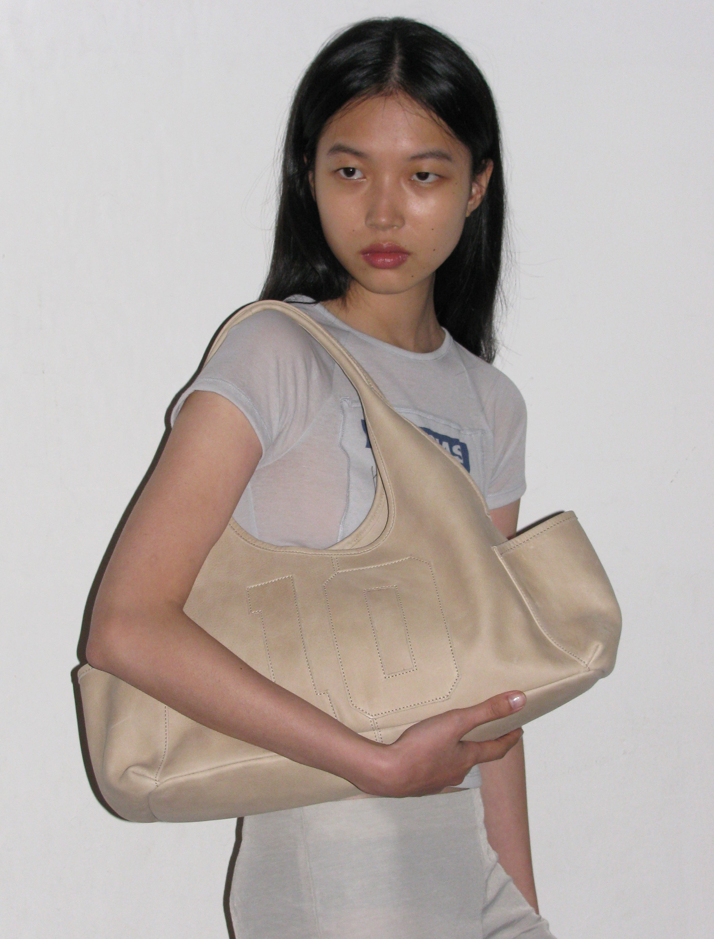 10YEARS BAG-Beige blue shoulder bag with two pockets