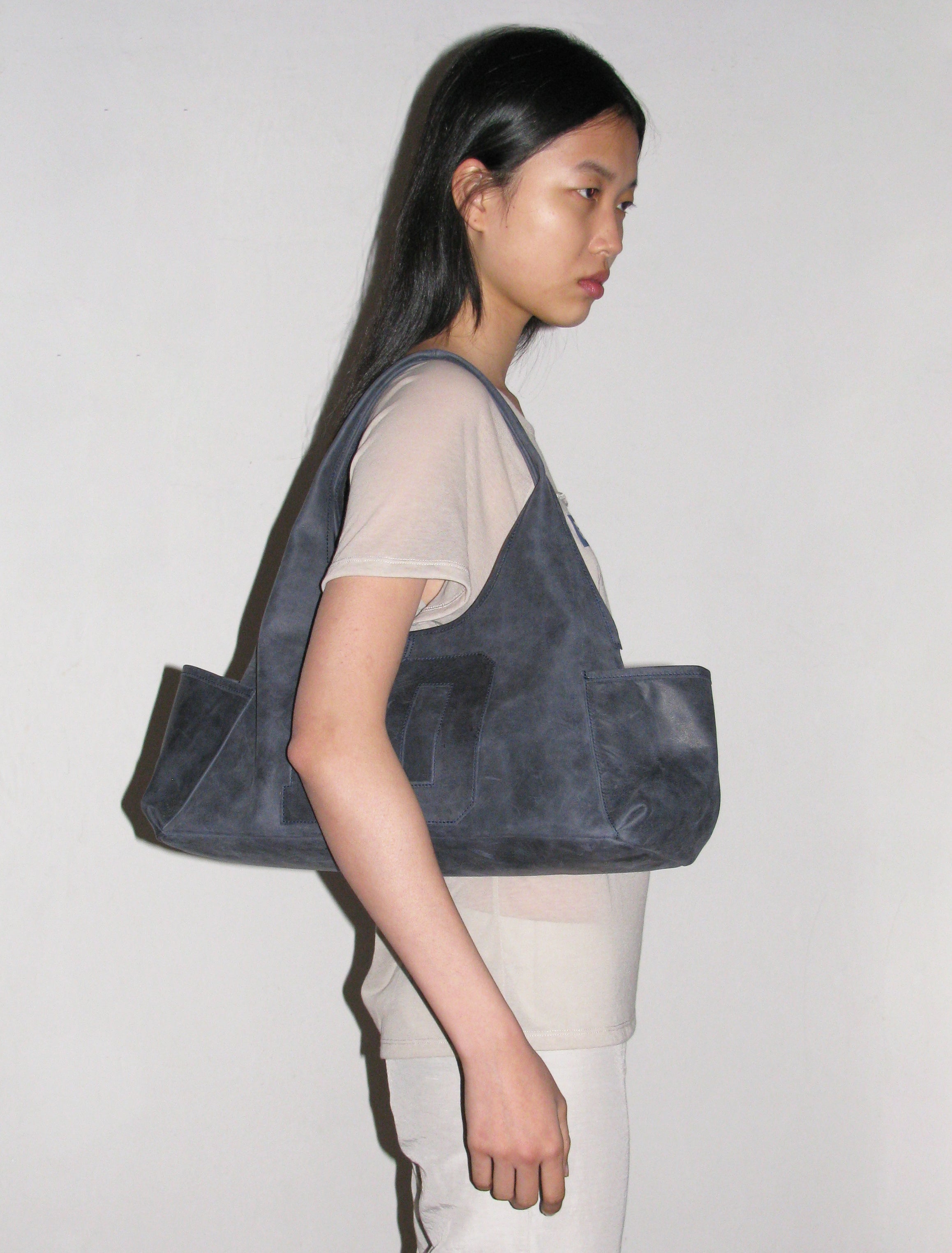 10YEARS BAG-Greyish blue shoulder bag with two pockets