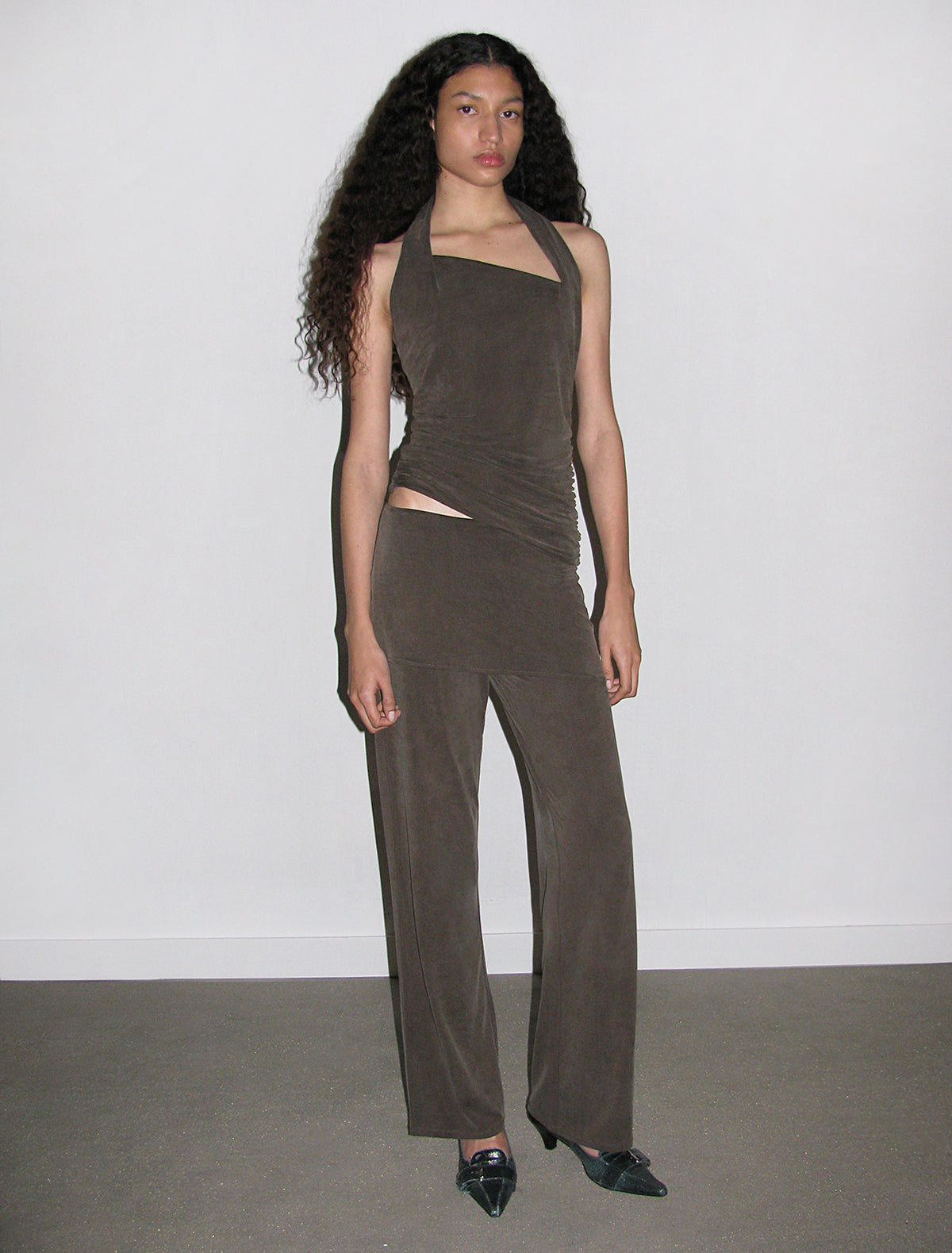 ALEXIA- Brown stitched cupro pants and mini-skirt piece