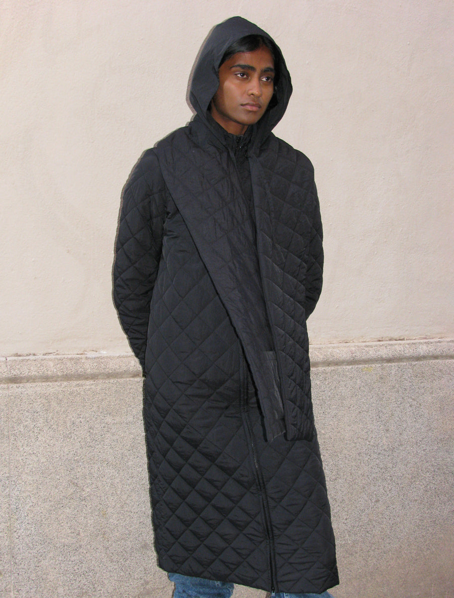 Otter long padded puffer removable scarf black